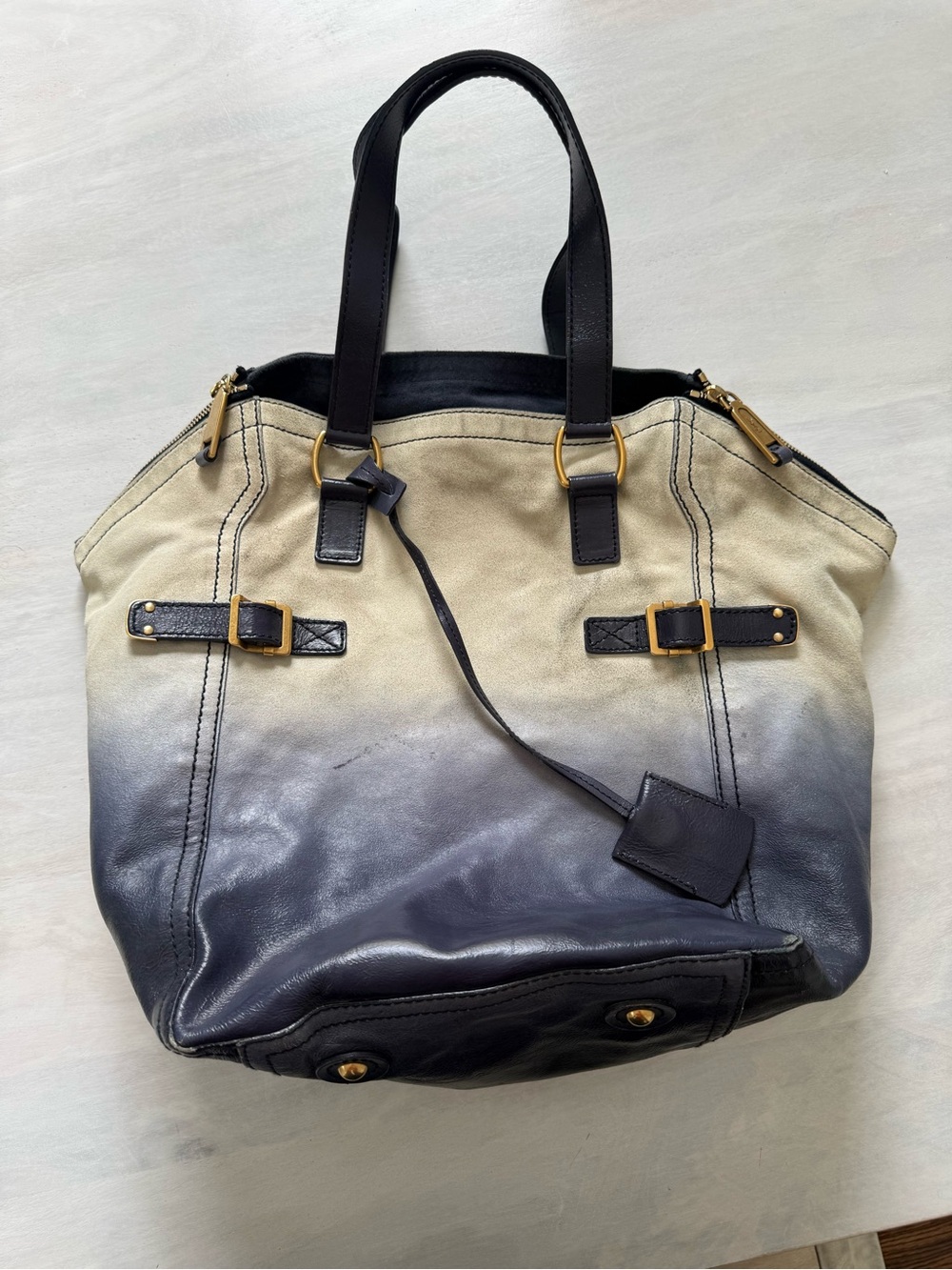 YVES SAINT LAURENT • Small Downtown Tote ombre white blue leather suede vintage